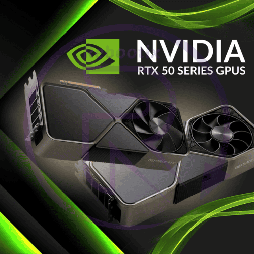 Two NVIDIA RTX 50 series graphics cards are displayed on a dark background with green accents and the NVIDIA logo in the top right corner.