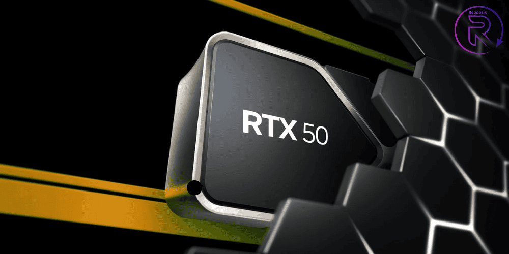 A computer graphics card labeled "RTX 50" is shown next to black hexagonal shapes with yellow and green diagonal lines in the background.