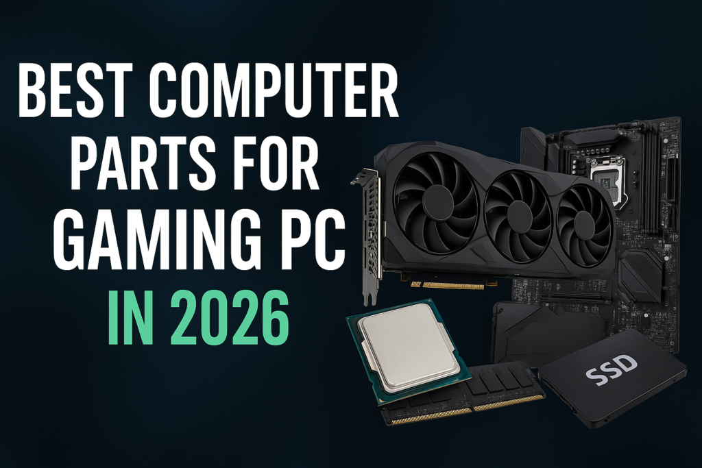 Best computer parts for gaming PC in 2026, including GPU, CPU, motherboard, RAM, and SSD on a clean background with bold title text.