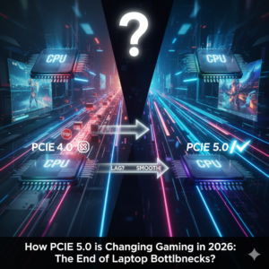 Infographic comparing PCIe 4.0 (congested data flow between CPU and GPU, showing lag) with PCIe 5.0 (wide, fast data highways for smooth gaming). Highlights the end of laptop bottlenecks with PCIe 5.0 in 2026.