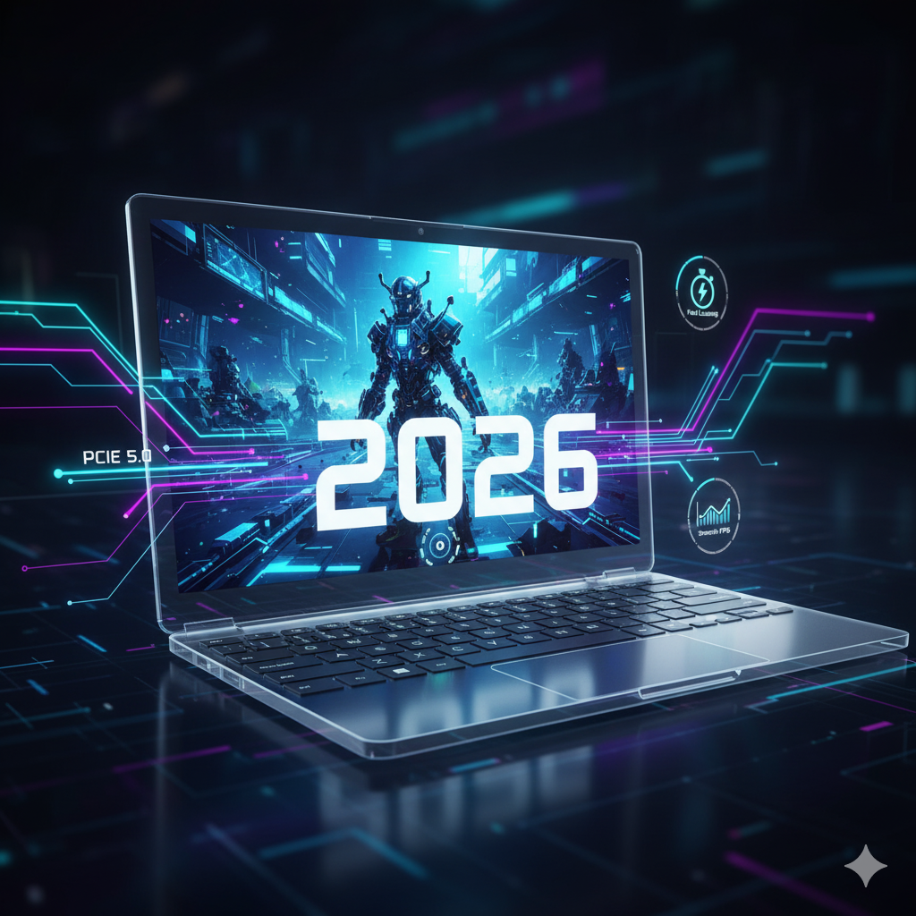 Infographic comparing PCIe 4.0 (congested data flow between CPU and GPU, showing lag) with PCIe 5.0 (wide, fast data highways for smooth gaming). Highlights the end of laptop bottlenecks with PCIe 5.0 in 2026.