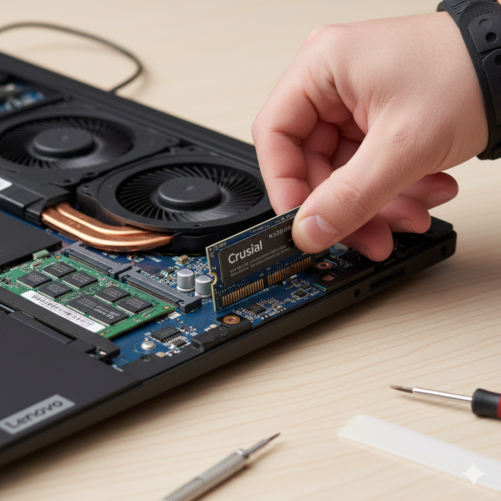 Installing the second NVMe SSD into the Lenovo LOQ 15 motherboard slot during the DIY upgrade.