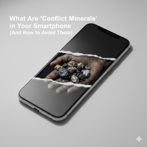 "A sleek, modern smartphone on a light grey surface. Its screen appears torn, revealing a dirty hand cupping raw, dark minerals and gold ore. The full title 'What Are 'Conflict Minerals' in Your Smartphone (And How to Avoid Them)' is overlaid in white text on the upper left."