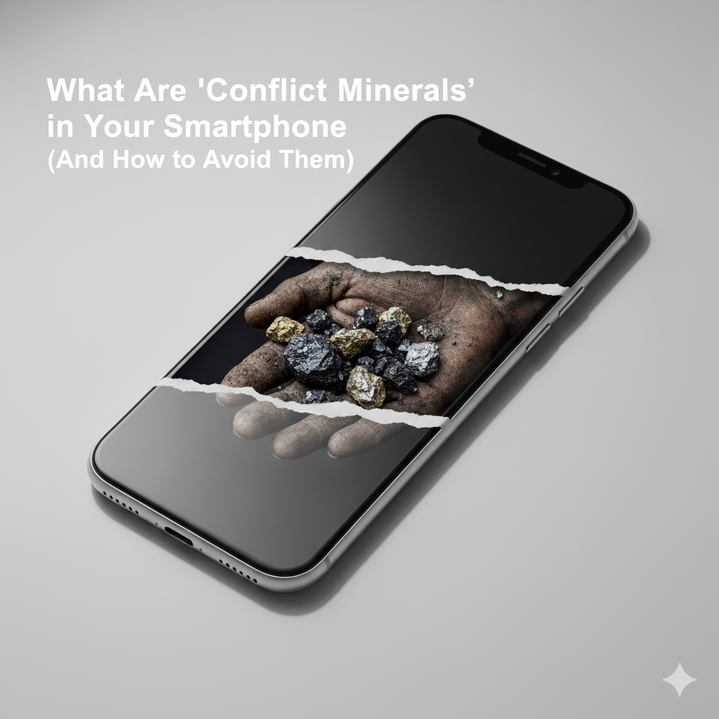 "A sleek, modern smartphone on a light grey surface. Its screen appears torn, revealing a dirty hand cupping raw, dark minerals and gold ore. The full title 'What Are 'Conflict Minerals' in Your Smartphone (And How to Avoid Them)' is overlaid in white text on the upper left."